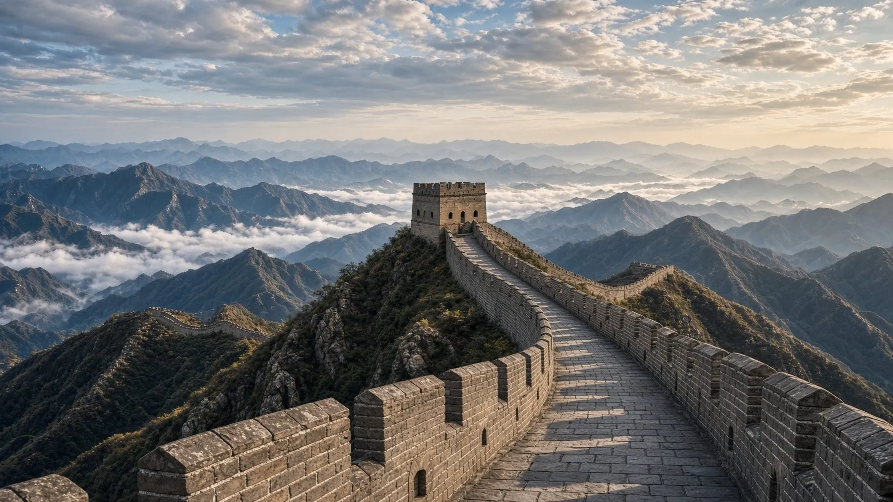 The Great Wall winding along a mountain ridge above a sea of clouds